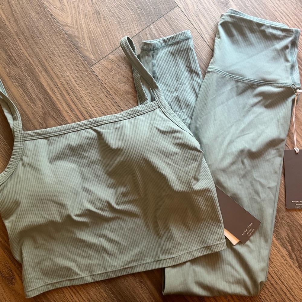Z Supply Marine Mist Ribbed Active Crop Tank & Legging Set
